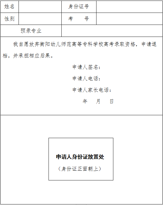 自愿放弃衡阳幼儿师范高等专科学校2020年高考录取资格申请表